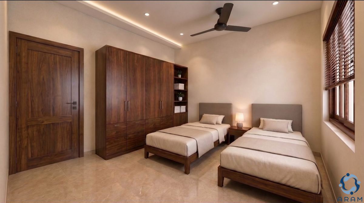 Aram bedroom set for two residents, with individual beds, bedside lighting and full-height wardrobes